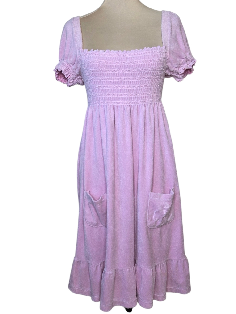 Juicy Couture Y2K Pink Terry Cloth Smocked Babydoll Dress Size XL Coquette